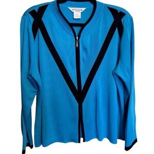 Misook- Zip Front Santana Knit Cardigan Black Turqouise Long Sleeve Large Petite